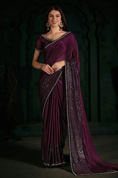 Wine Colour Chiffon Silk Designer Saree LC1121800
