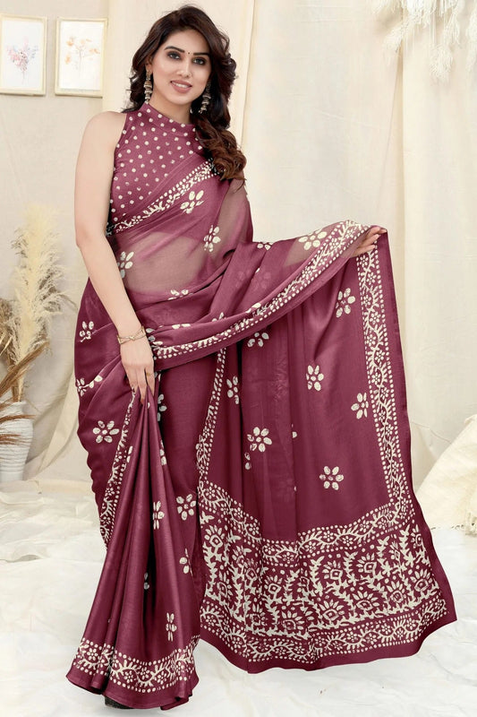 Wine Colour Chinon Chiffon Printed Saree SD1180132