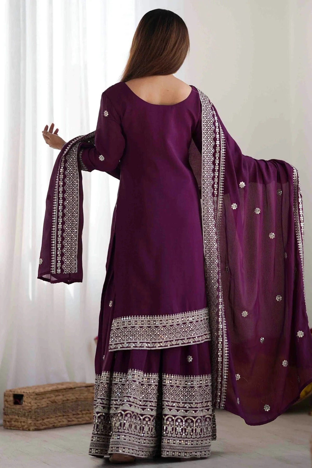 Wine Colour Chinon Silk Stitched Suit SS1112998 A