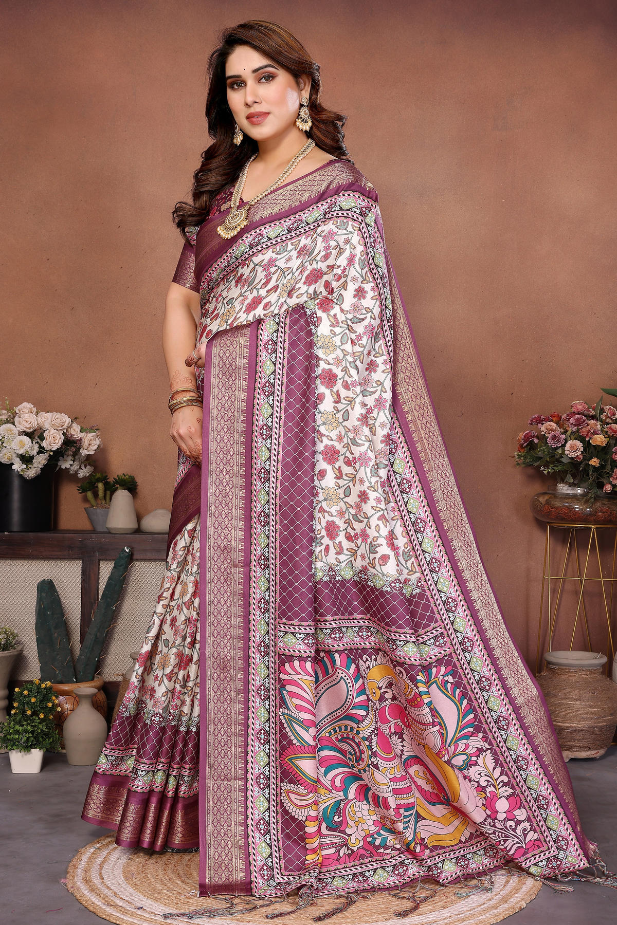 Wine Colour Cotton Silk Printed Saree