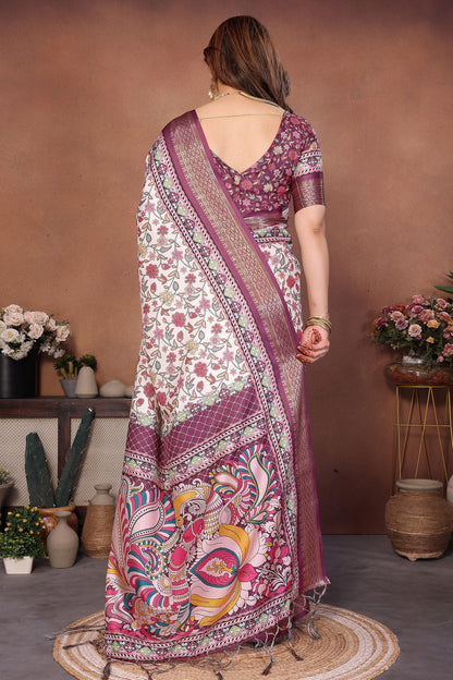 Wine Colour Cotton Silk Printed Saree