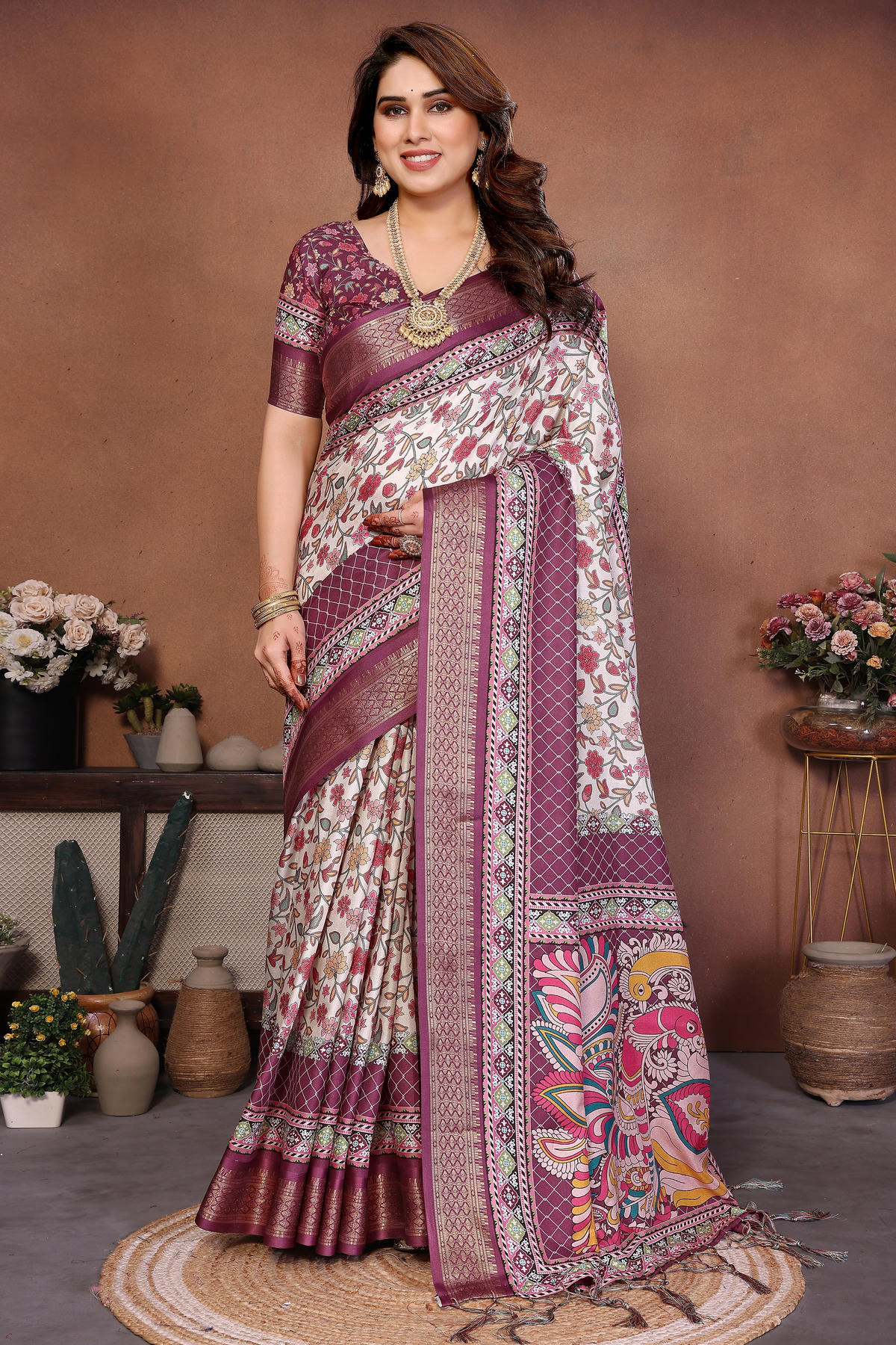 Wine Colour Cotton Silk Printed Saree