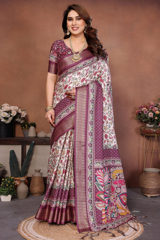 Wine Colour Cotton Silk Printed Saree