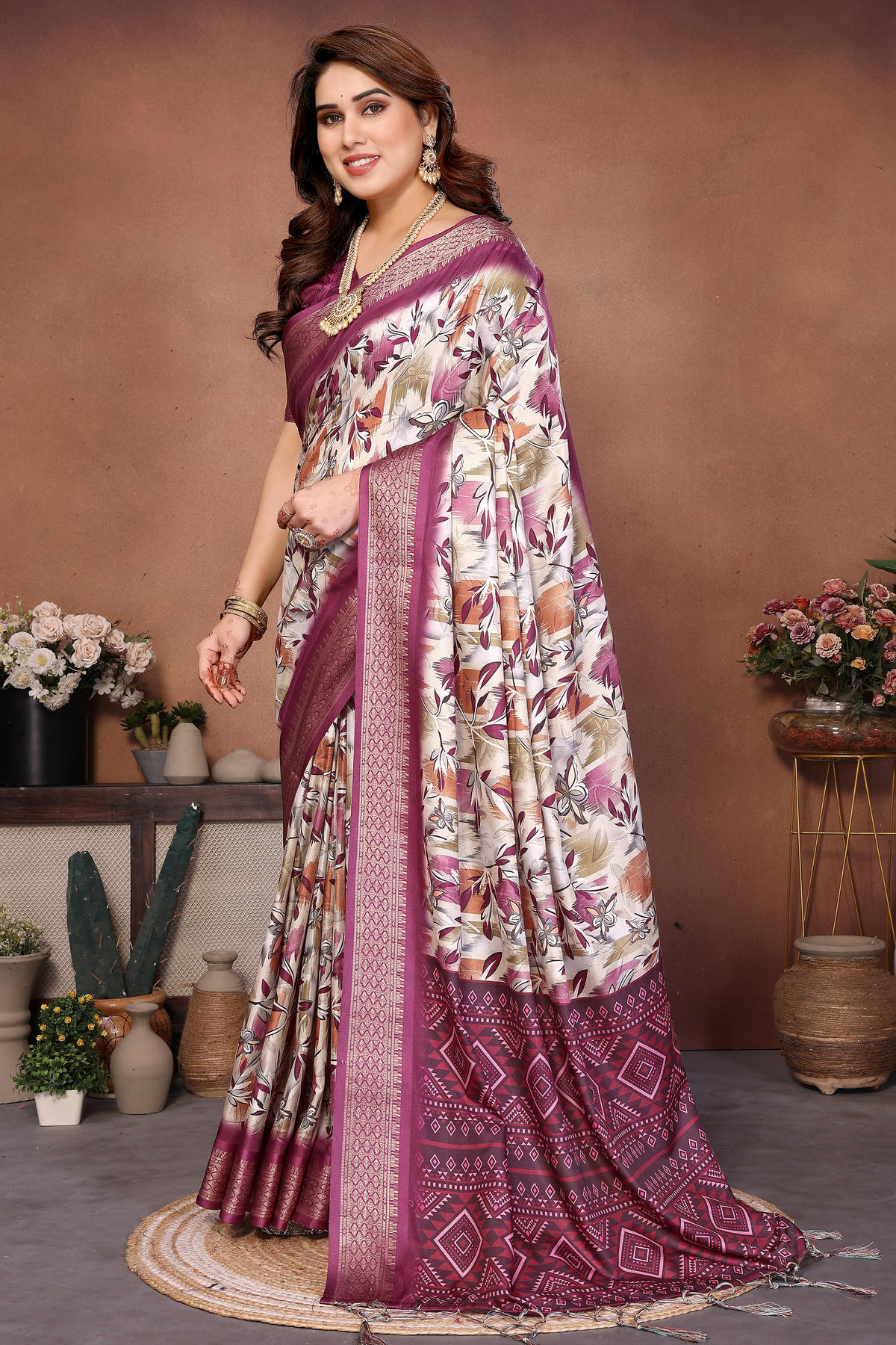 Wine Colour Cotton Silk Printed Saree