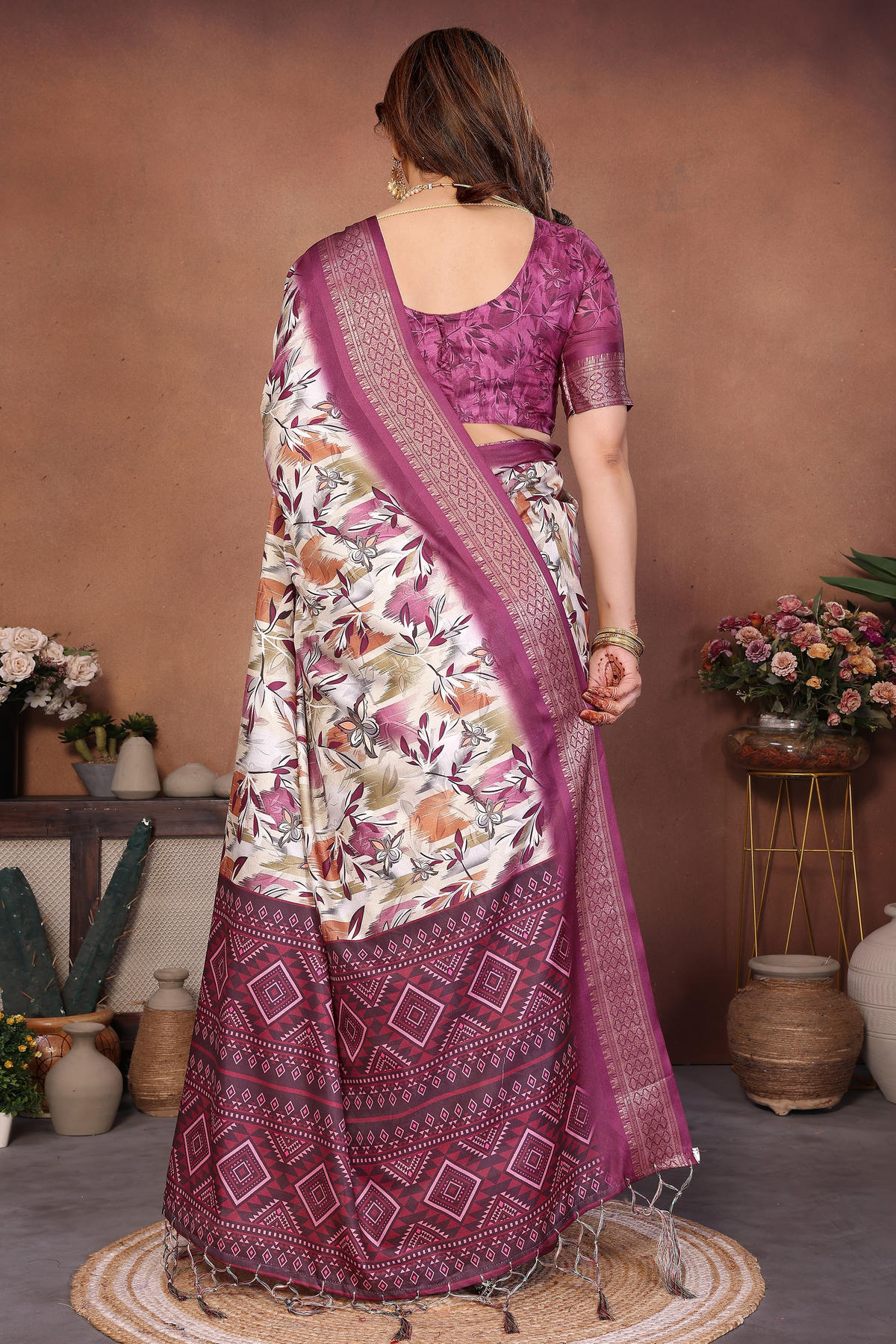 Wine Colour Cotton Silk Printed Saree