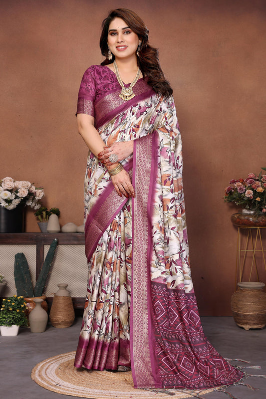 Wine Colour Cotton Silk Printed Saree