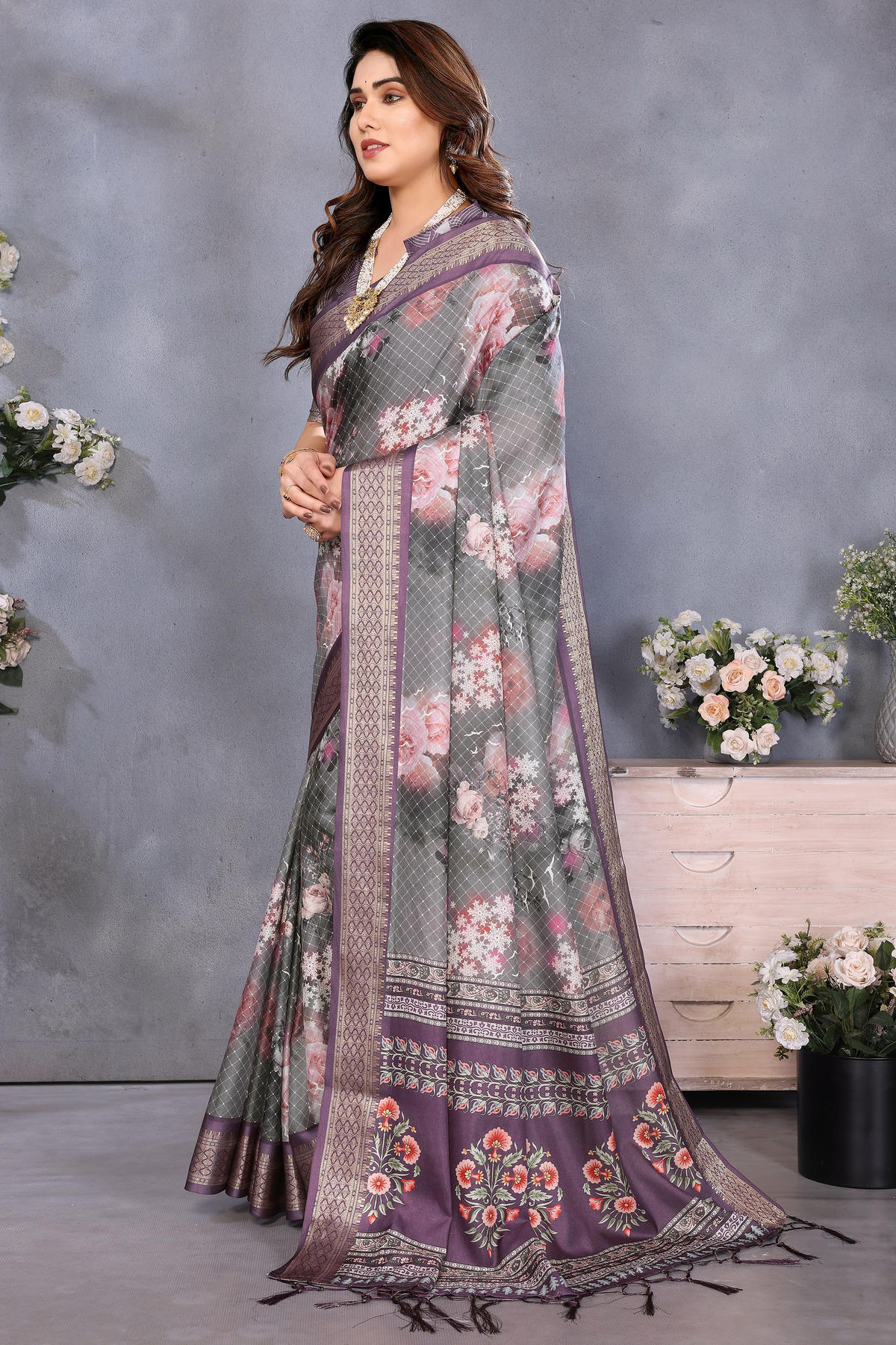 Wine Colour Cotton Silk Printed Saree