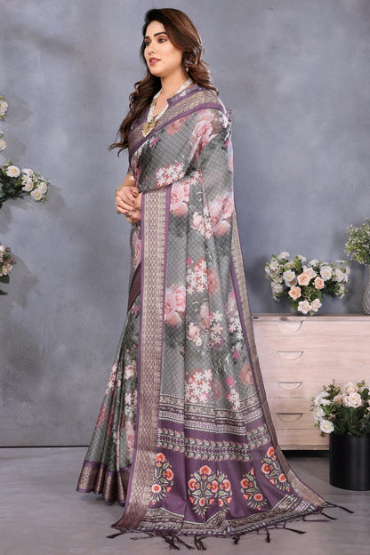Wine Colour Cotton Silk Printed Saree