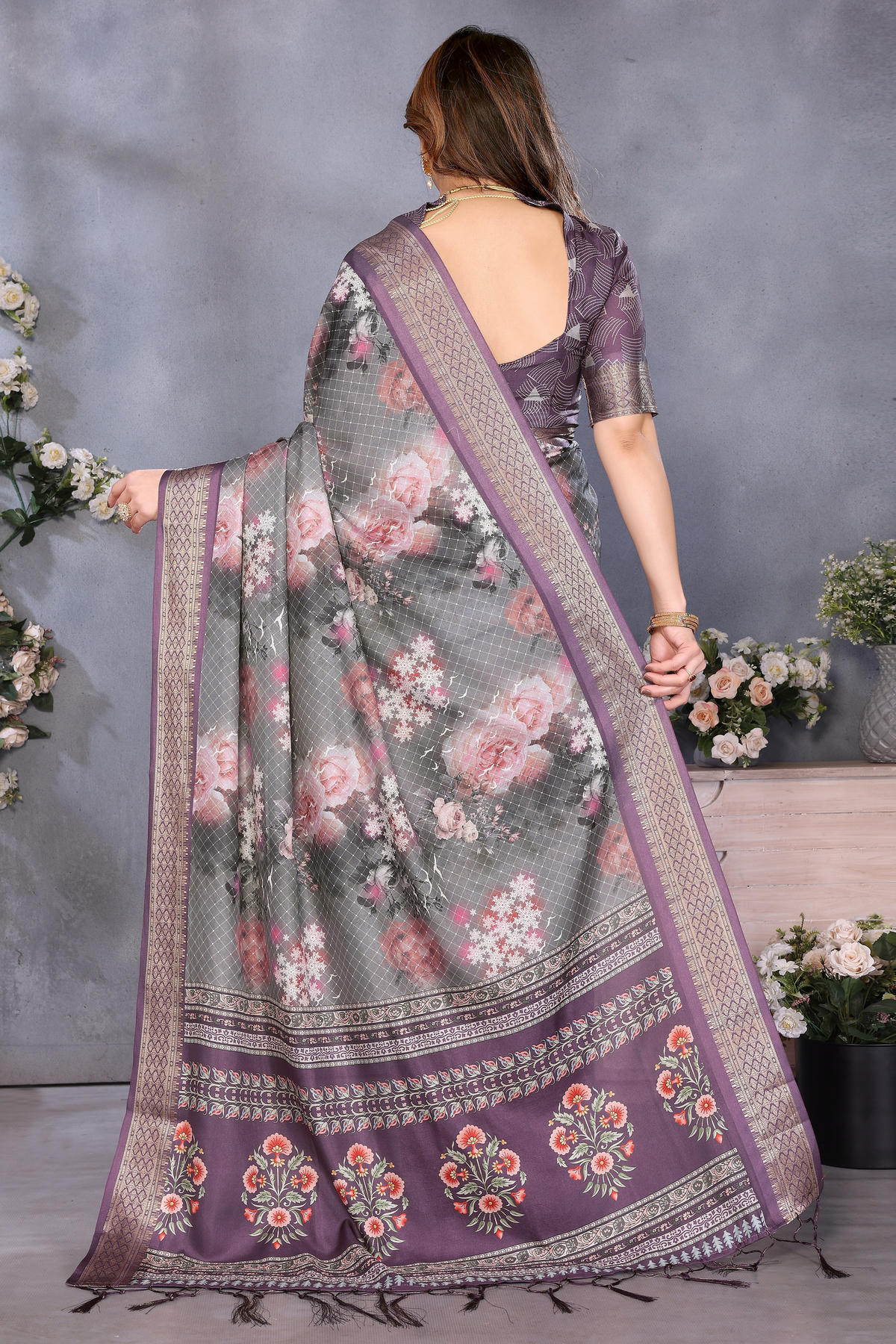 Wine Colour Cotton Silk Printed Saree