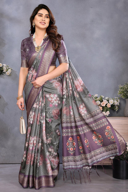 Wine Colour Cotton Silk Printed Saree