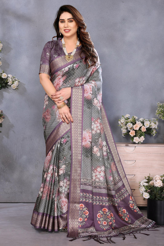 Wine Colour Cotton Silk Printed Saree