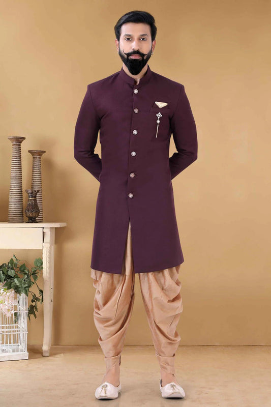 Wine Colour Crape Indo Western Sherwani SH1130010