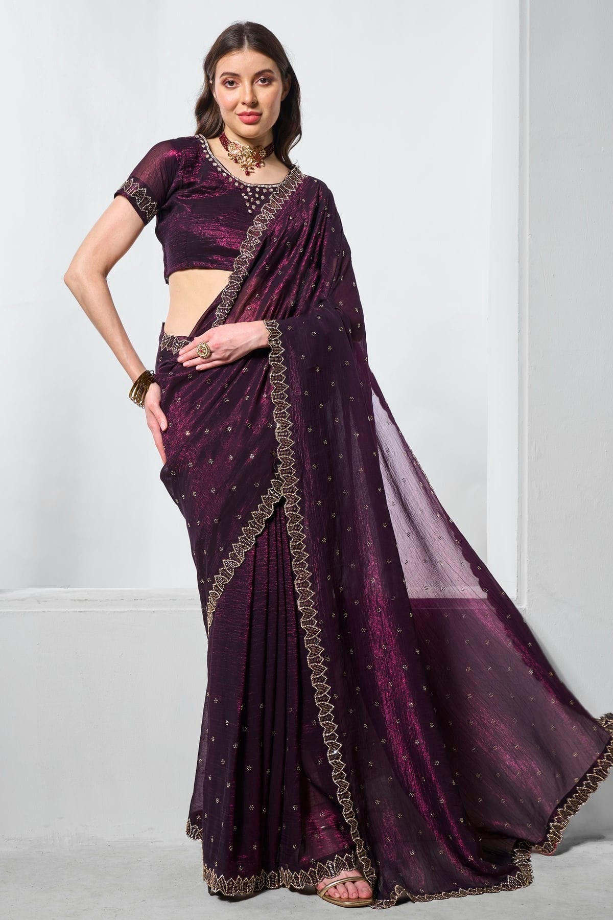 Wine Colour Crunchy Chiffon Designer Saree SD1111718