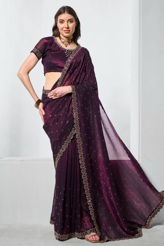 Wine Colour Crunchy Chiffon Designer Saree SD1111718