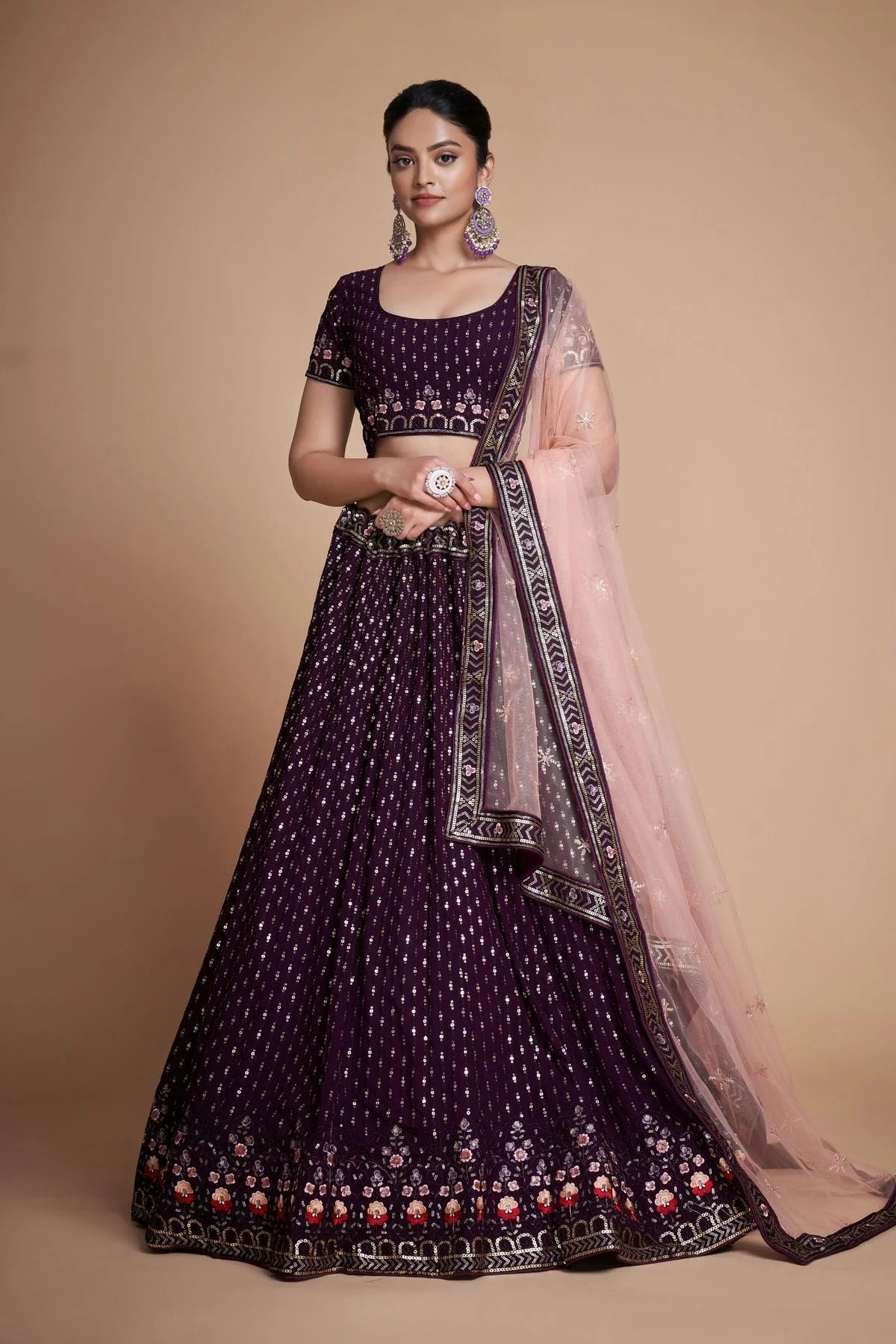 Wine Colour Embroidery Georgette Lehenga Choli LD1080844