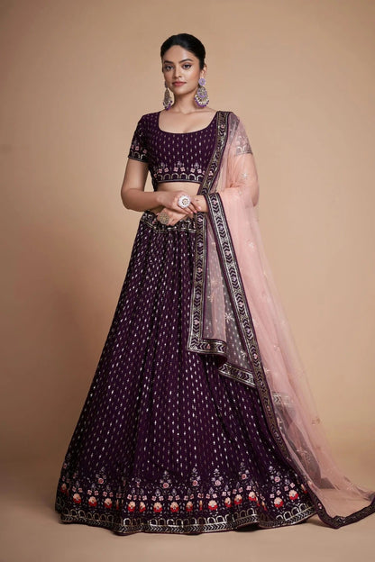 Wine Colour Embroidery Georgette Lehenga Choli LD1080844