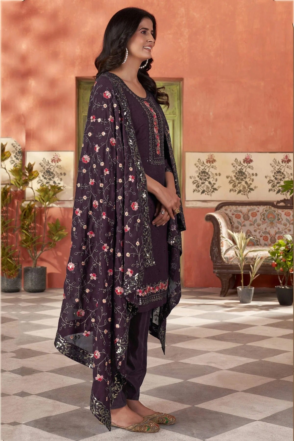 Wine Colour Embroidery Georgette Stitched Suit SS1112505 A