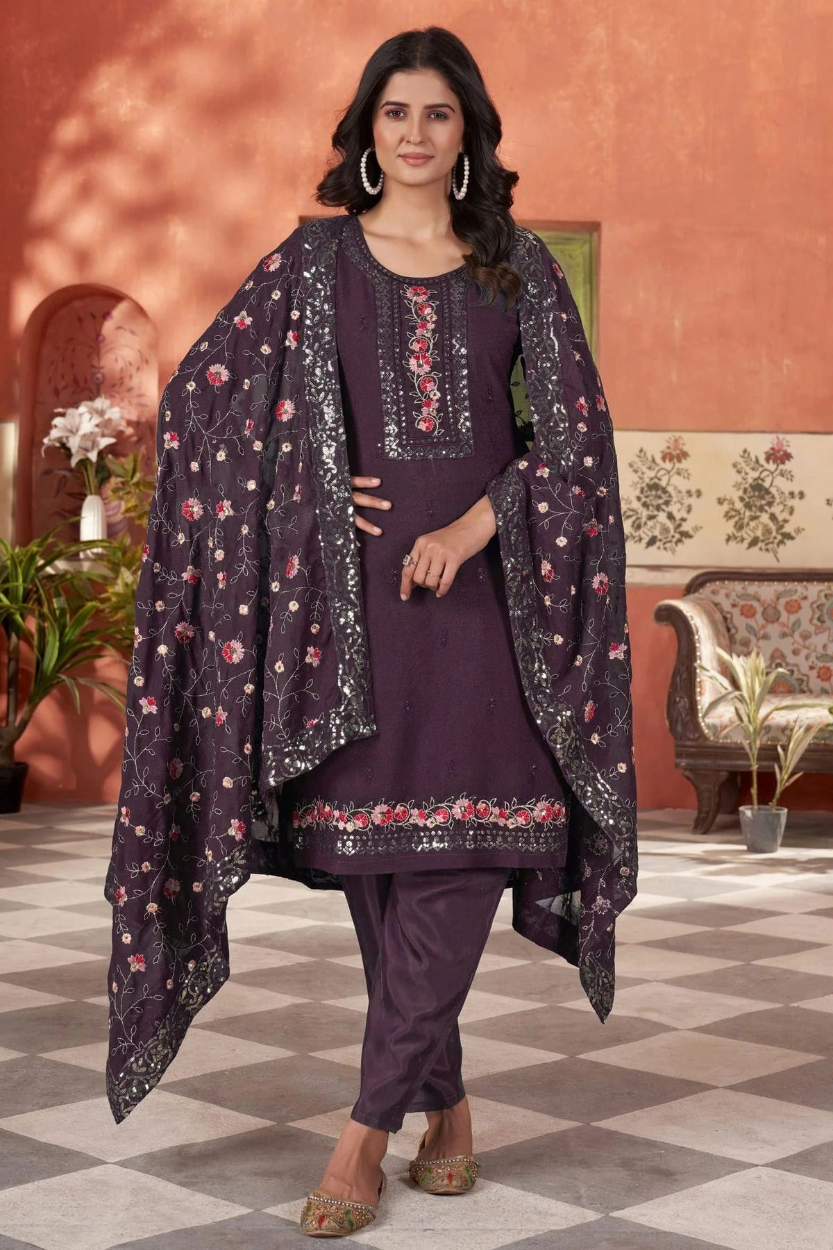 Wine Colour Embroidery Georgette Stitched Suit SS1112505