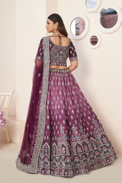 Wine Colour Embroidery Satin Lehenga Choli LD1080857 A