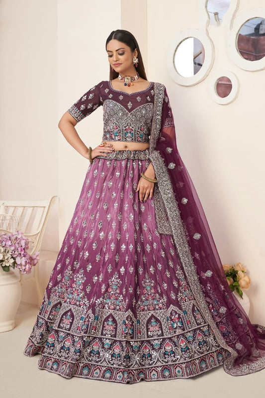 Wine Colour Embroidery Satin Lehenga Choli LD1080857