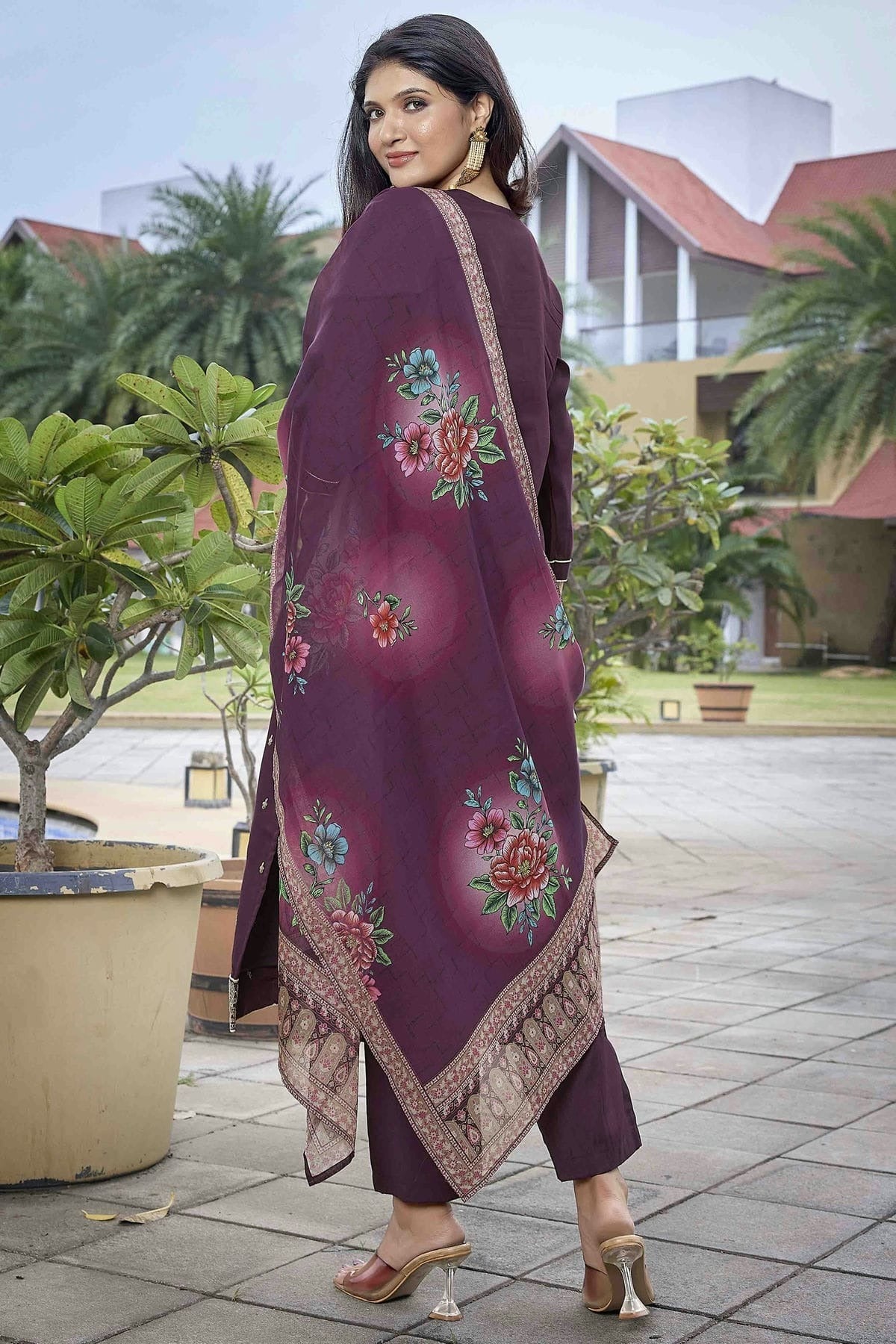 Wine Colour Embroidery Viscose Chanderi Pant Style Suit SS1113464 A