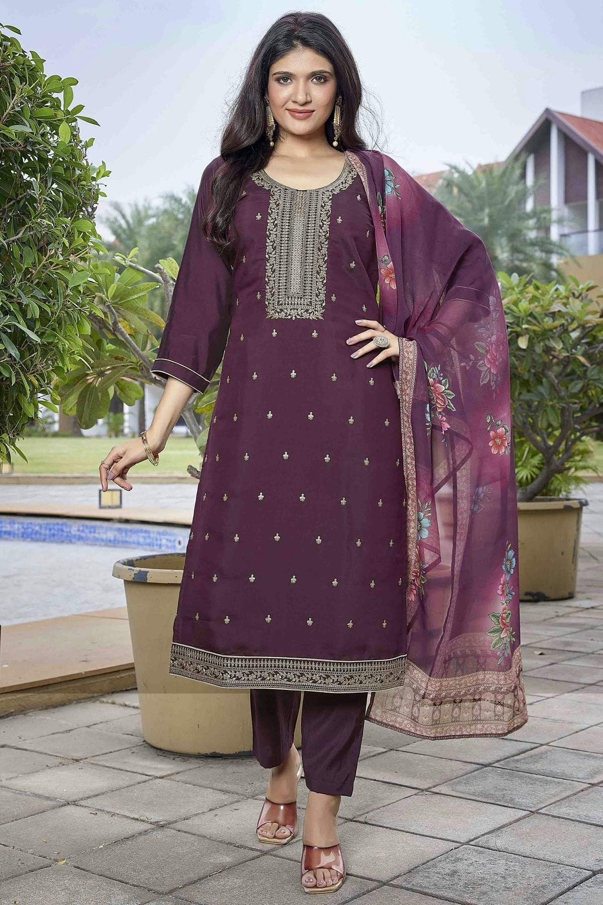 Wine Colour Embroidery Viscose Chanderi Pant Style Suit SS1113464