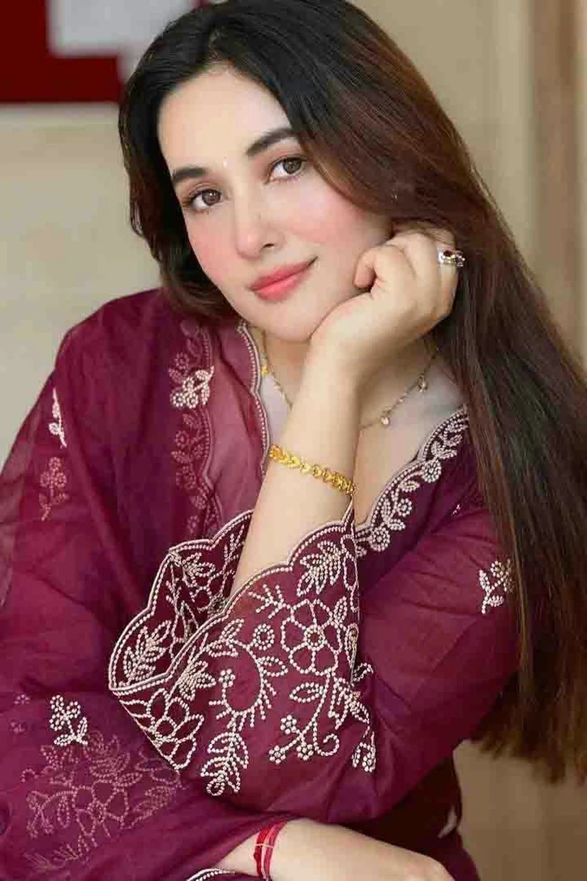 Wine Colour Embroidery Viscose Silk Pant Style Suit SS1113490 A