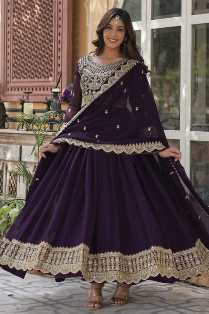 Wine Colour Faux Georgette Fabric Stitched Gown GW1112368 A