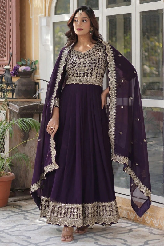 Wine Colour Faux Georgette Fabric Stitched Gown GW1112368