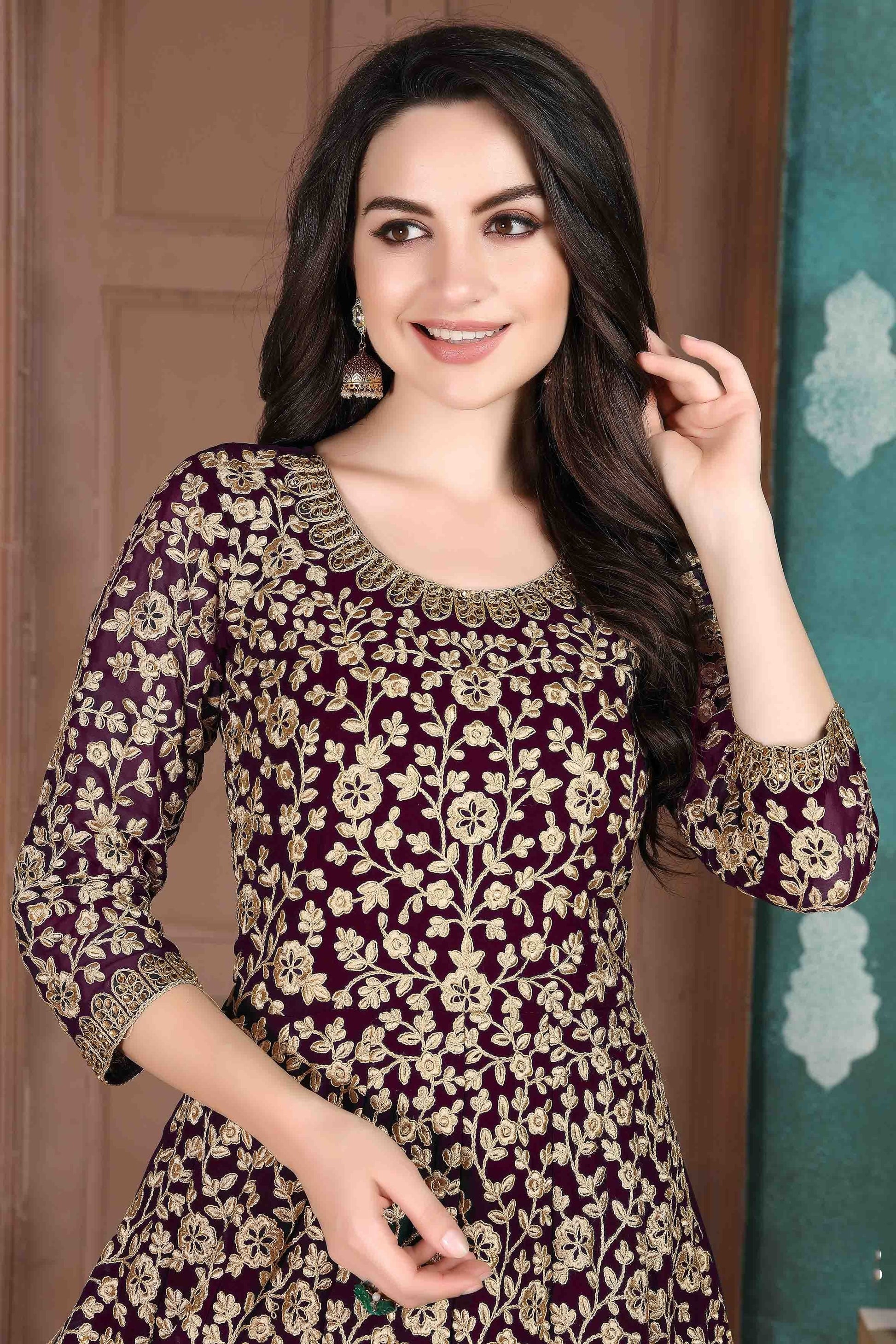 Wine Colour Faux Georgette Semi Stitched Anarkali Suit SM1050263 A