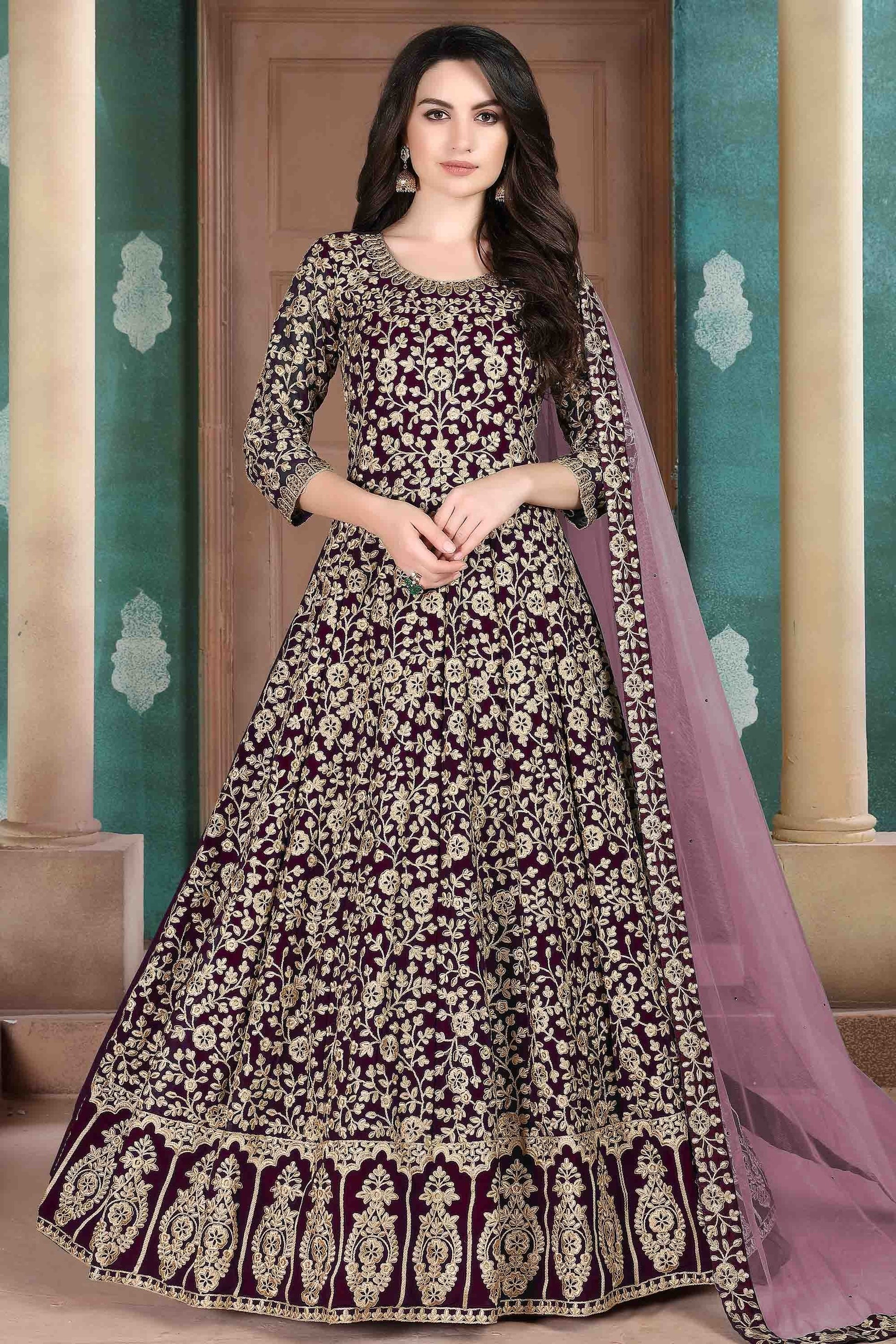 Wine Colour Faux Georgette Semi Stitched Anarkali Suit SM1050263