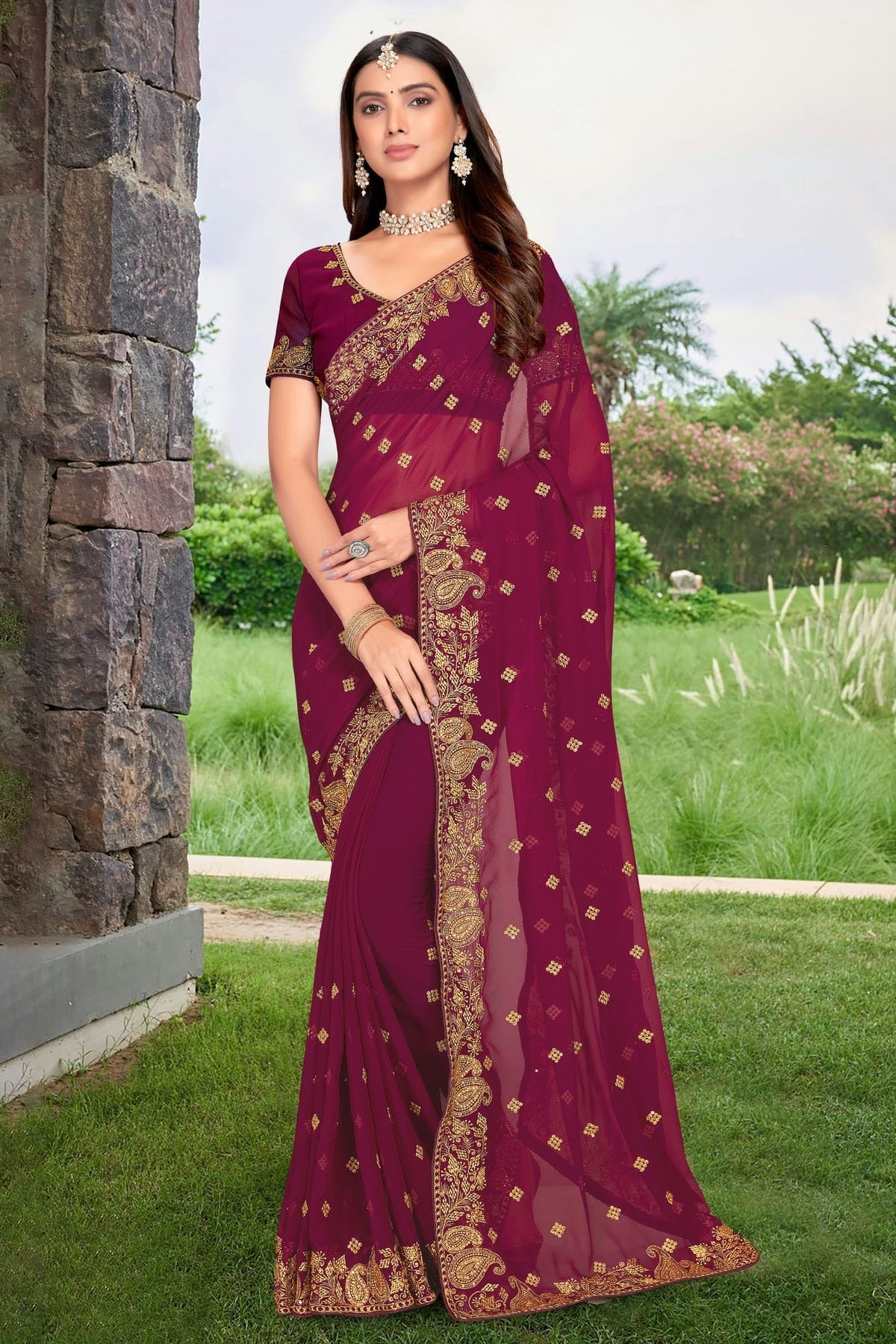 Wine Colour Georgette Designer Saree LC1121326