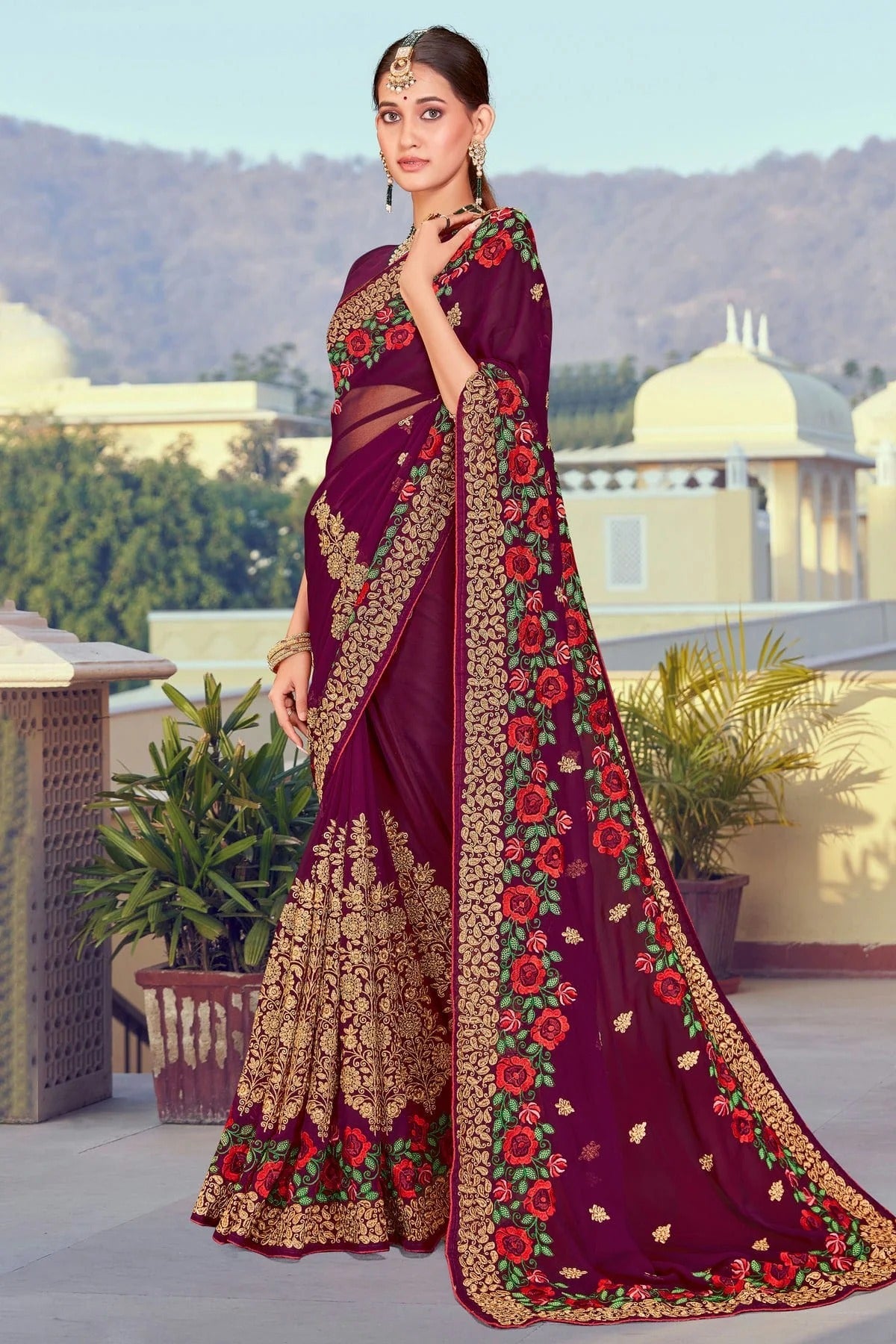 Wine Colour Georgette Designer Saree LC1121371