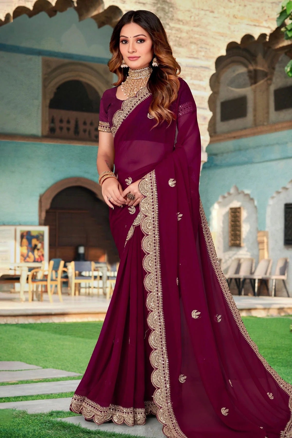 Wine Colour Georgette Designer Saree LC1121419