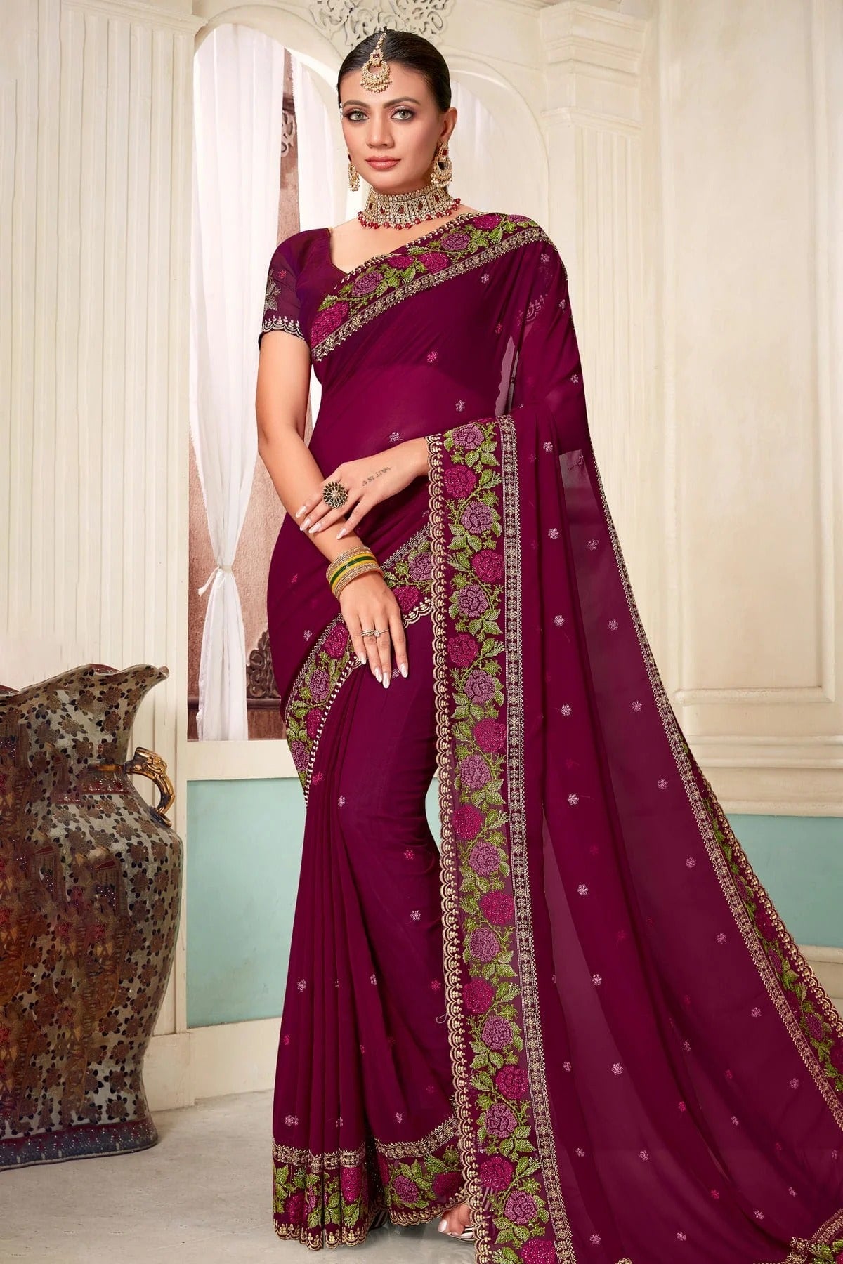 Wine Colour Georgette Designer Saree LC1121485