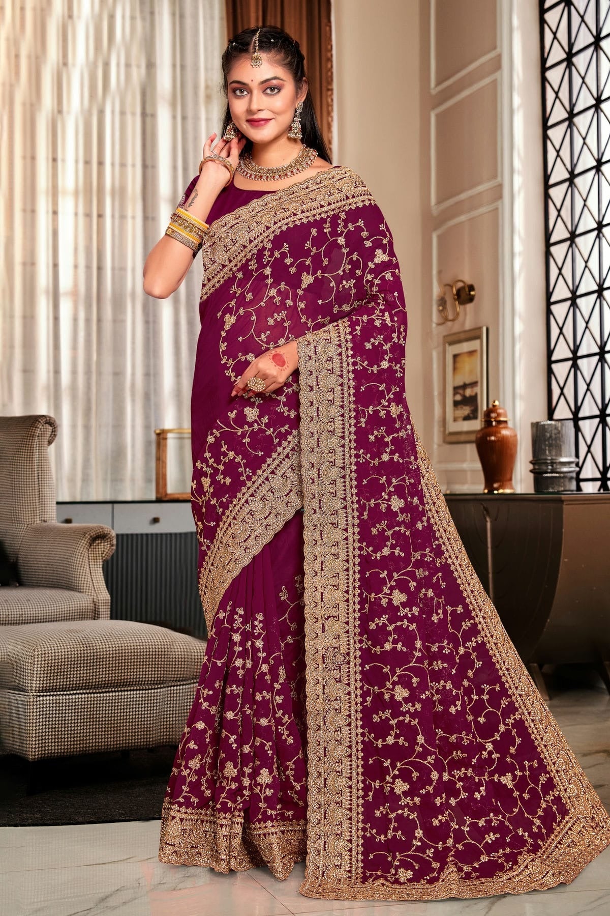 Wine Colour Georgette Designer Saree LC1121727