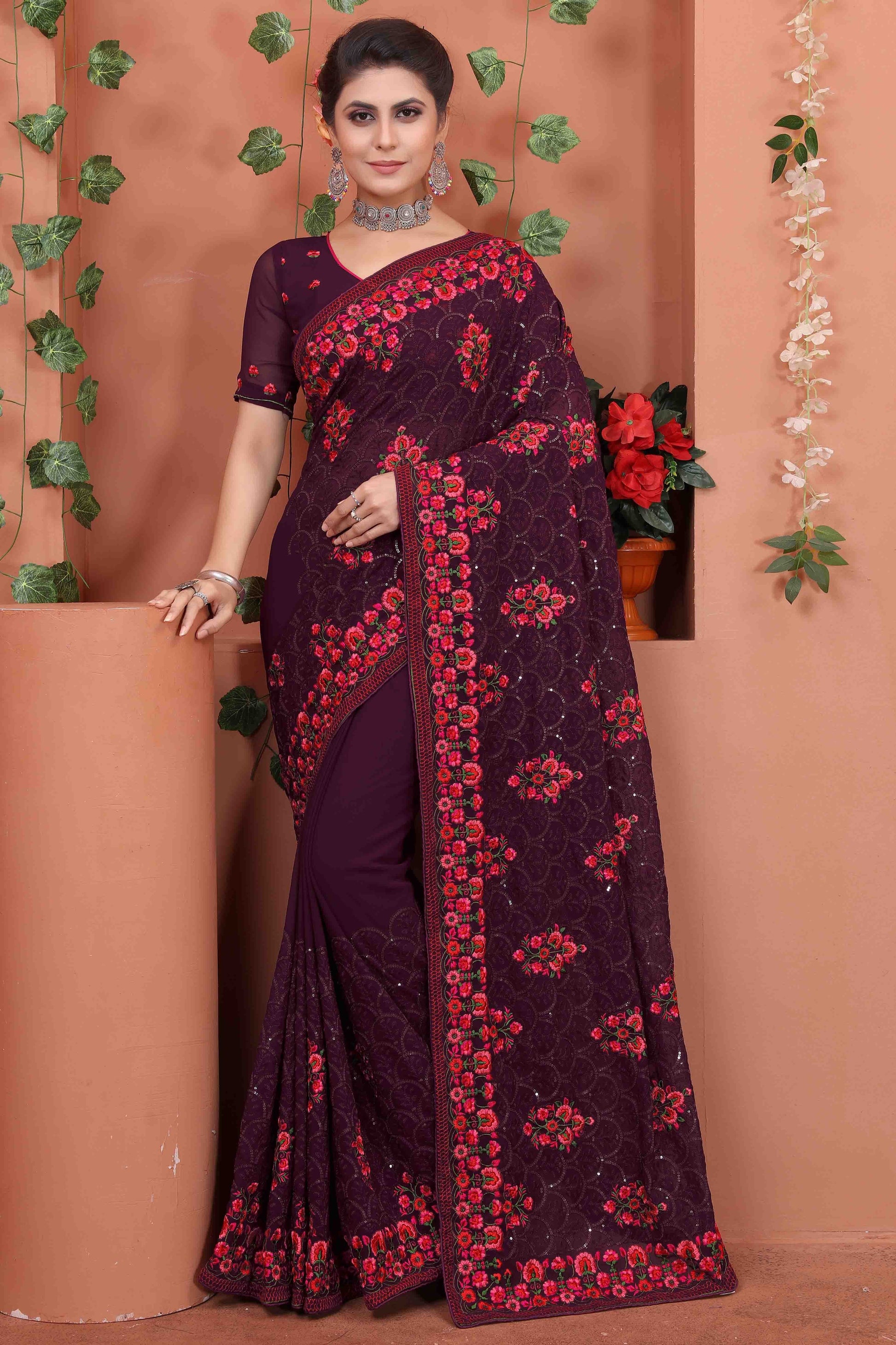 Wine Colour Georgette Designer Saree SD1090534