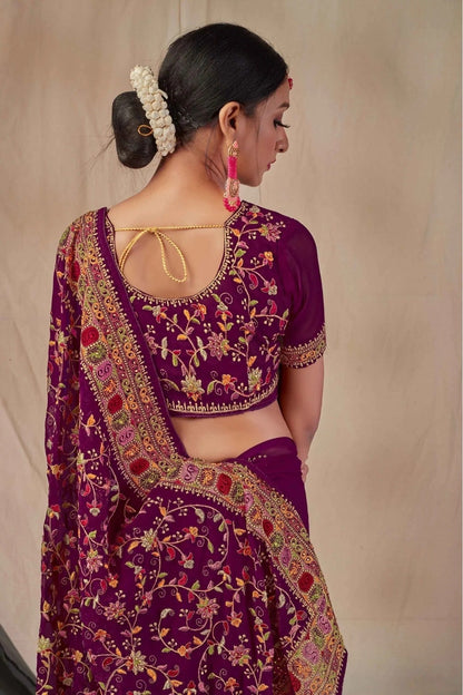 Wine Colour Georgette Embroidery Saree SD1120901 A