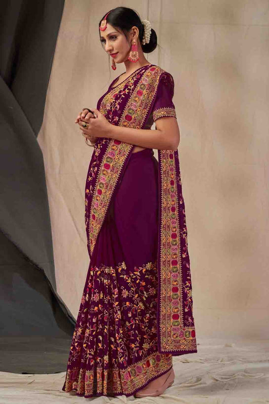 Wine Colour Georgette Embroidery Saree SD1120901