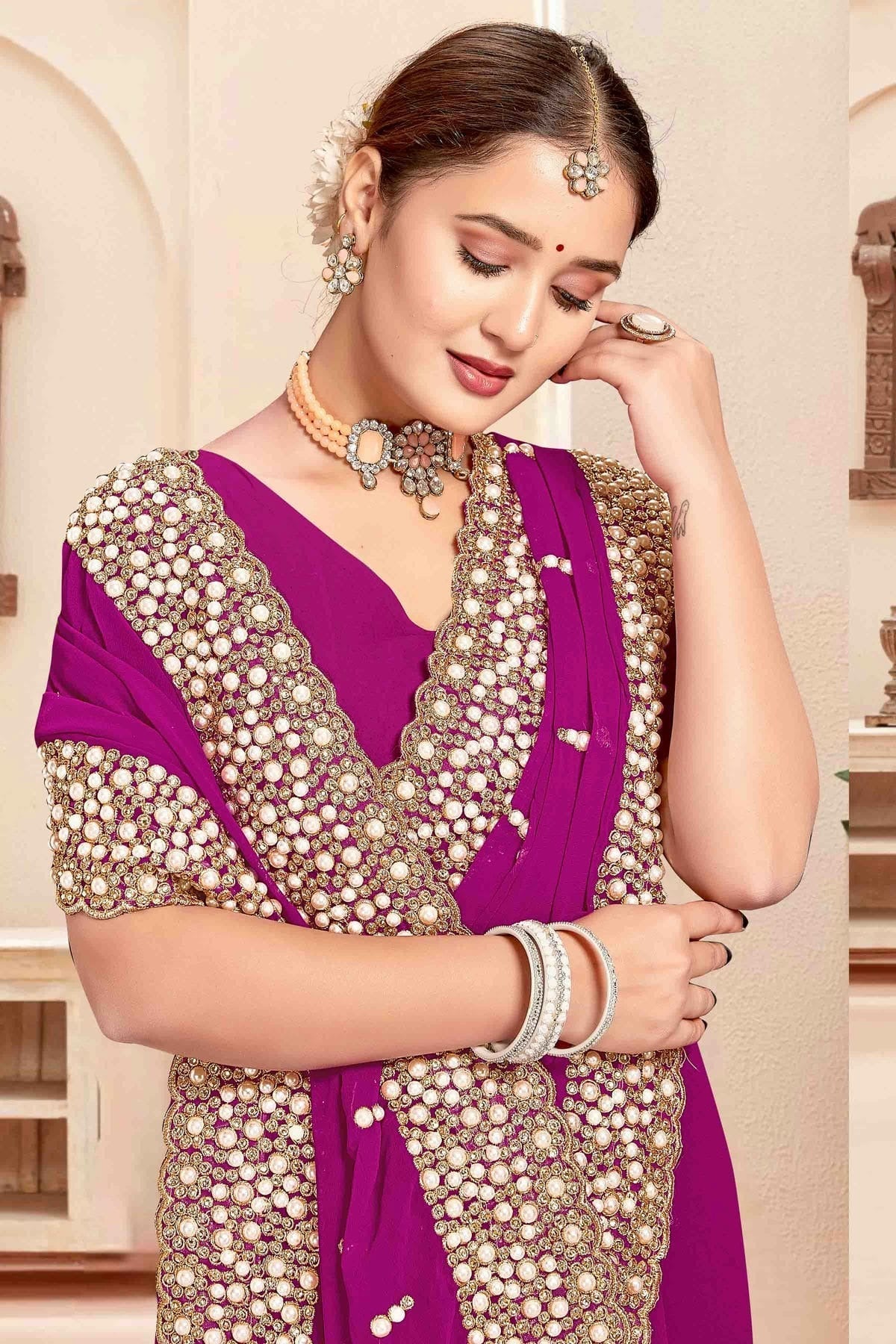 Wine Colour Georgette Embroidery Work Designer Saree SD1091246 A