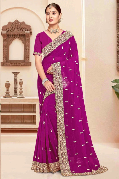 Wine Colour Georgette Embroidery Work Designer Saree SD1091246