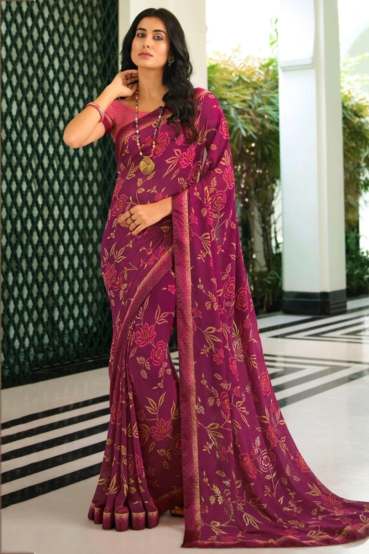 Wine Colour Georgette Printed Saree SD1180053