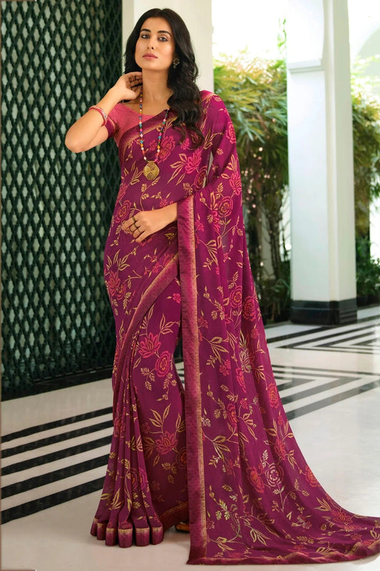 Wine Colour Georgette Printed Saree SD1180053