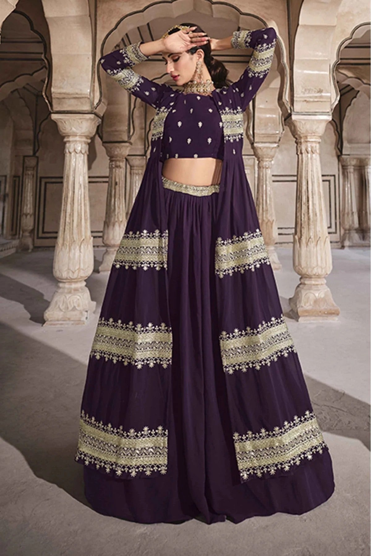 Wine Colour Georgette Sequins Work Lehenga Choli LC1080593
