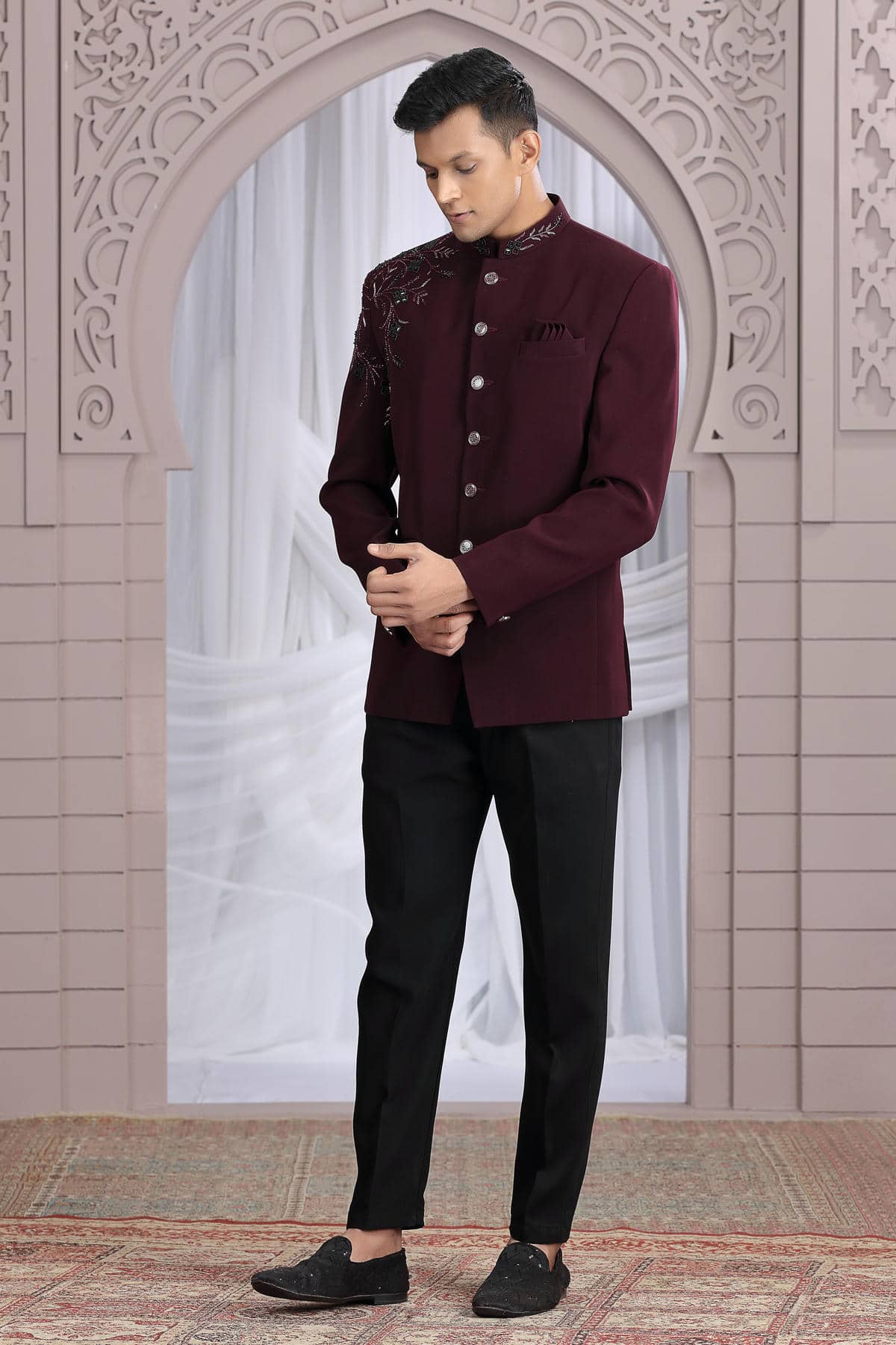 Wine Colour Hand Work Imported Fabric Jodhpuri