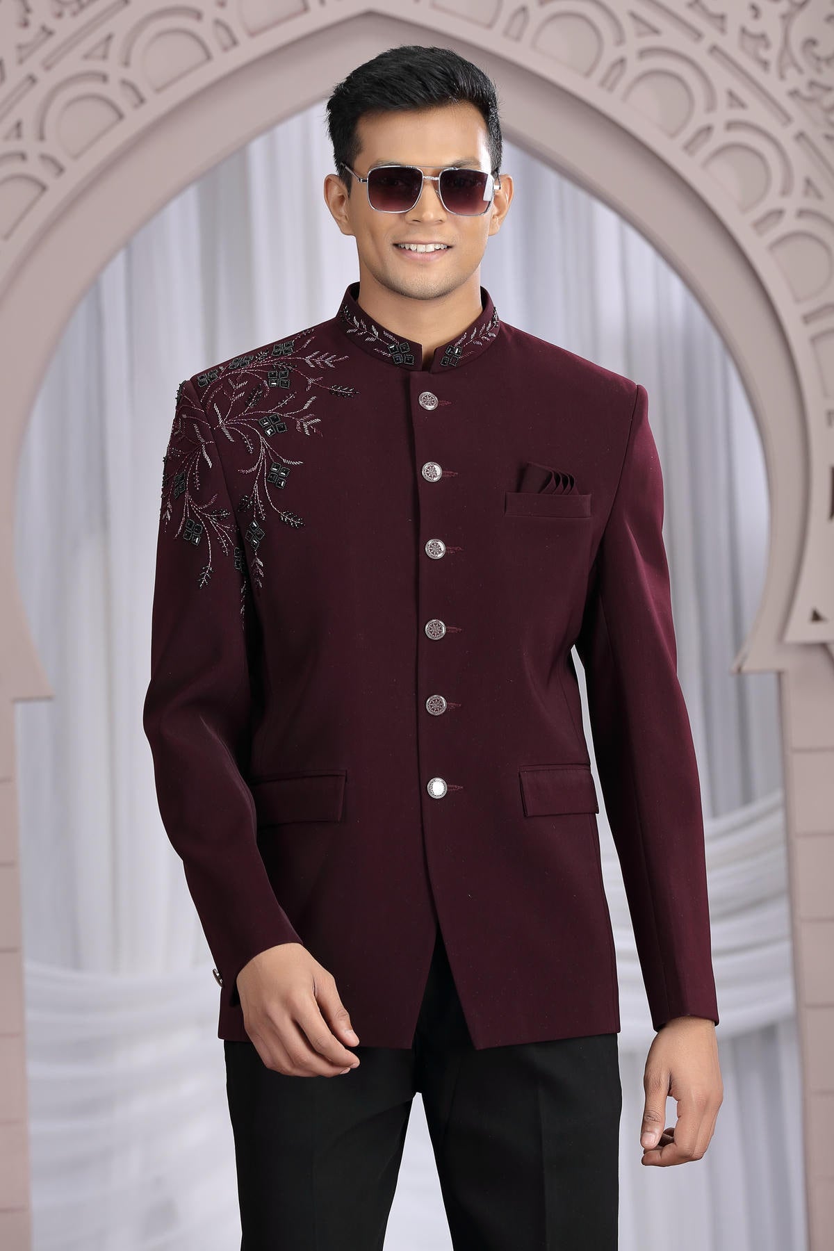 Wine Colour Hand Work Imported Fabric Jodhpuri