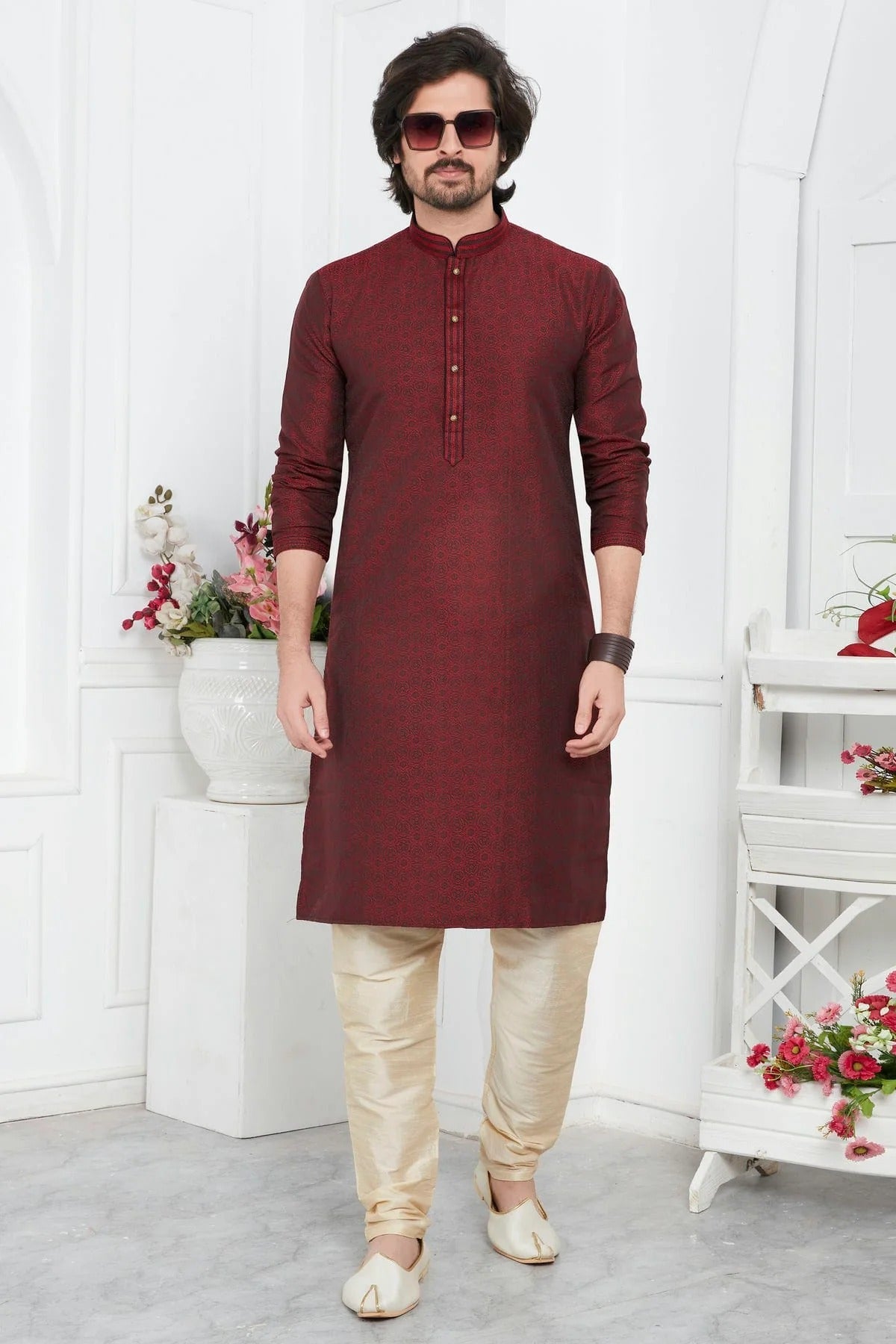 Wine Colour Jacquard Silk Brocade Kurta Pajama KP1230221 A