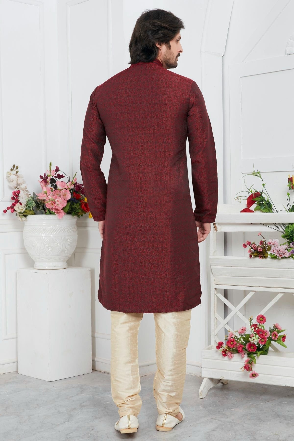 Wine Colour Jacquard Silk Brocade Kurta Pajama KP1230221 B