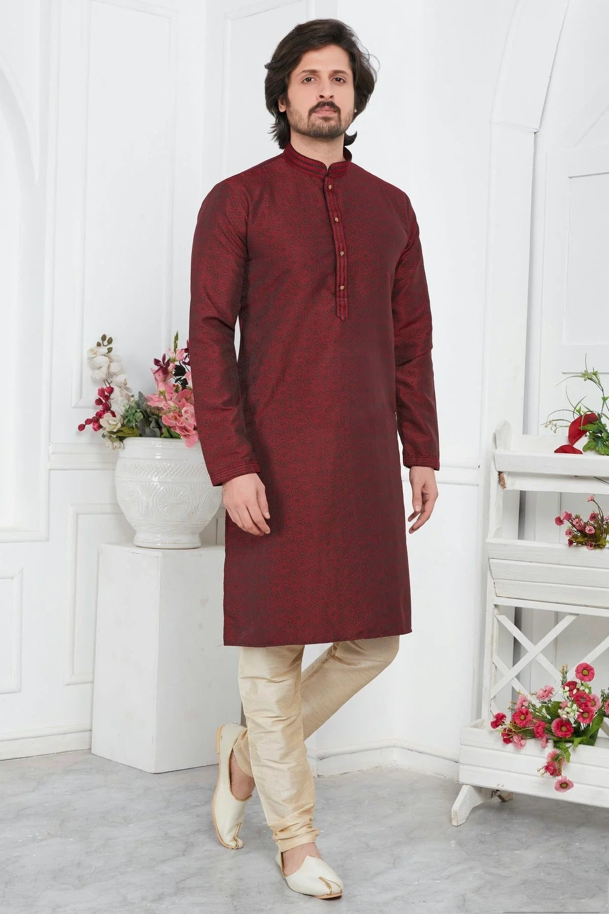 Wine Colour Jacquard Silk Brocade Kurta Pajama KP1230221