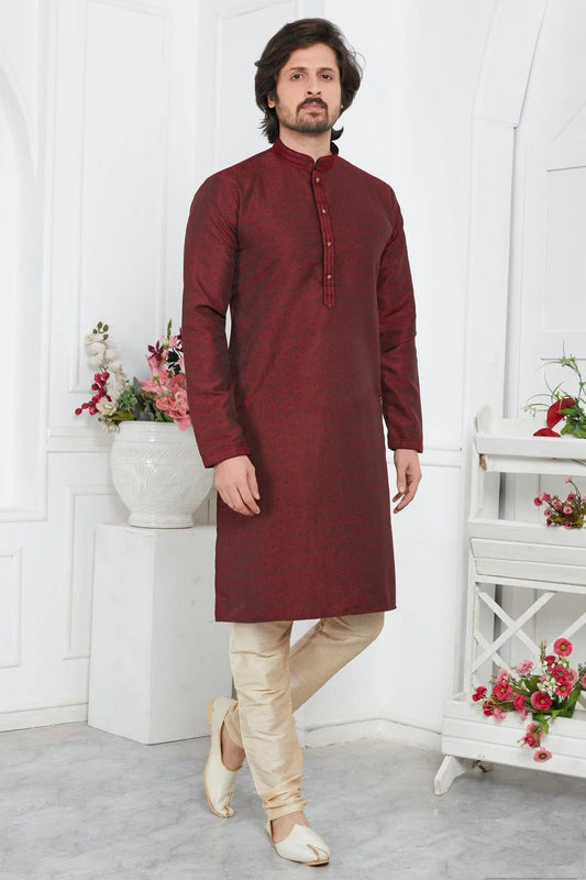 Wine Colour Jacquard Silk Brocade Kurta Pajama KP1230221